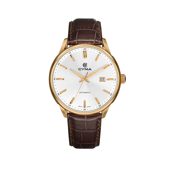 Cyma Charisma Collection 42mm Silver white dial with vertial brush finish Dial Dark brown Leather Strap