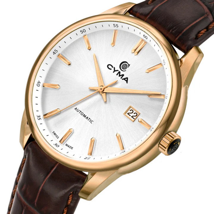 Cyma Charisma Collection 42mm Silver white dial with vertial brush finish Dial Dark brown Leather Strap