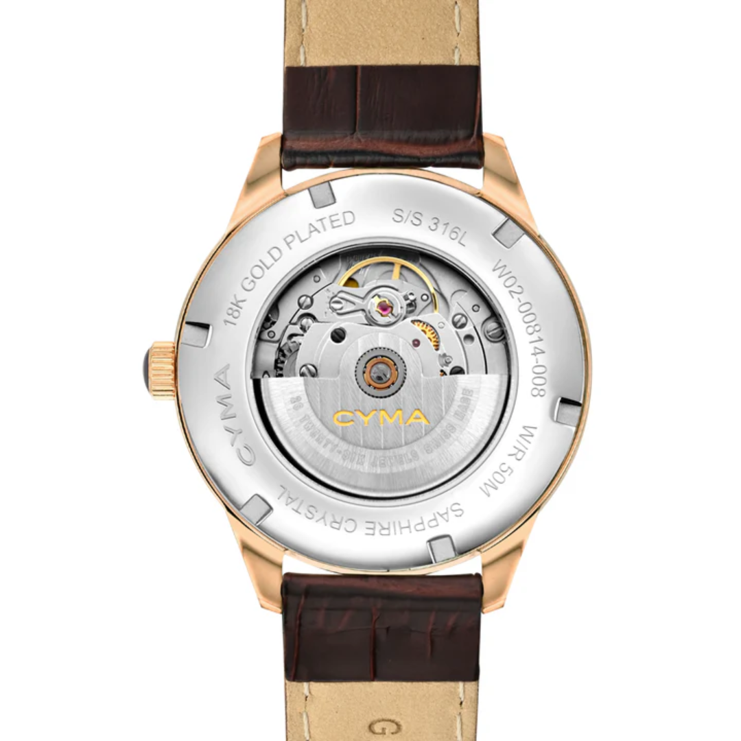 Cyma Charisma Collection 42mm Silver white dial with vertial brush finish Dial Dark brown Leather Strap