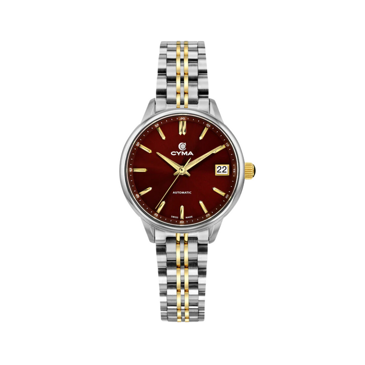 Cyma Charisma Collection 30mm Red dial with sunray finish Dial Silver / Yellow Gold Steel Bracelet