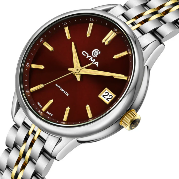 Cyma Charisma Collection 30mm Red dial with sunray finish Dial Silver / Yellow Gold Steel Bracelet