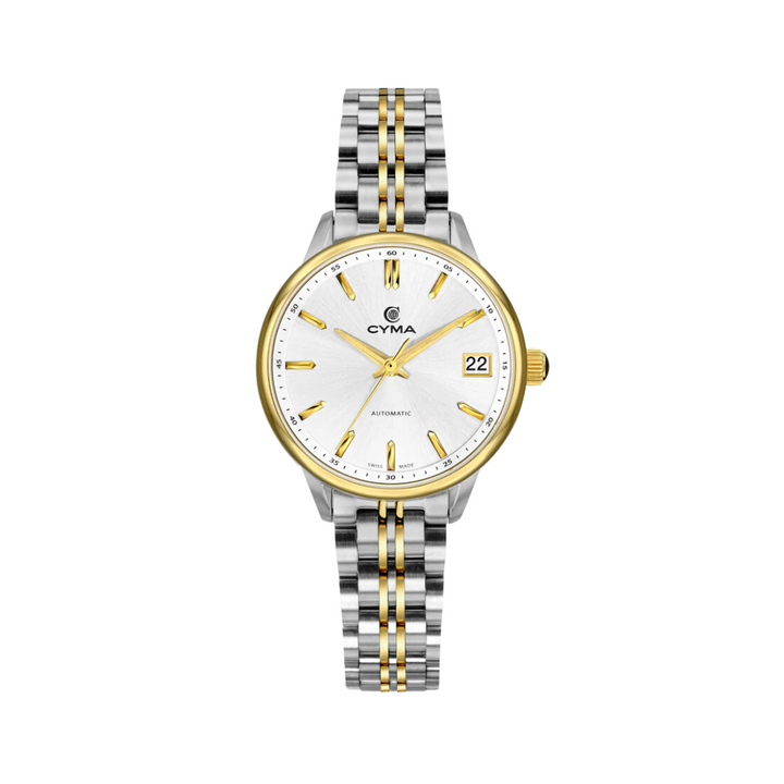 Cyma Charisma Collection 30mm Silver white dial with sunray finish Dial Silver / Yellow Gold Steel Bracelet