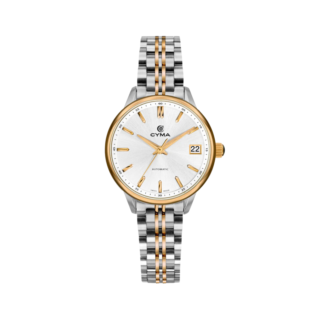 Cyma Charisma Collection 30mm Silver white dial with sunray finish Dial Silver / Rose Gold Steel Bracelet
