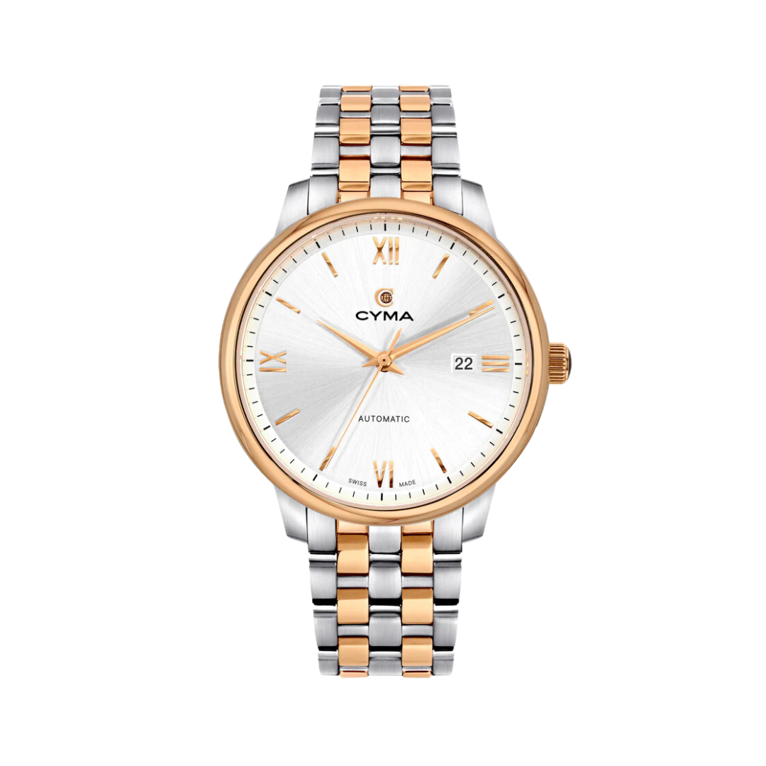 Cyma Europa Collection 42mm Silver white sunray dial Dial Silver / Rose Gold Steel Bracelet