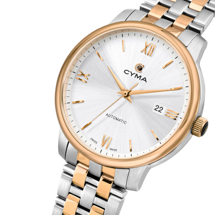 Cyma Europa Collection 42mm Silver white sunray dial Dial Silver / Rose Gold Steel Bracelet