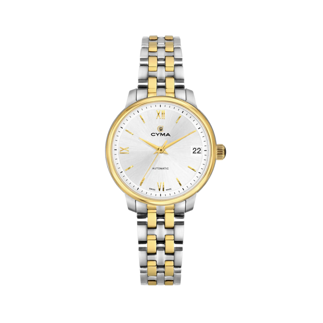 Cyma Europa Collection 30mm Silver white sunray dial Dial Silver / Gold Steel Bracelet