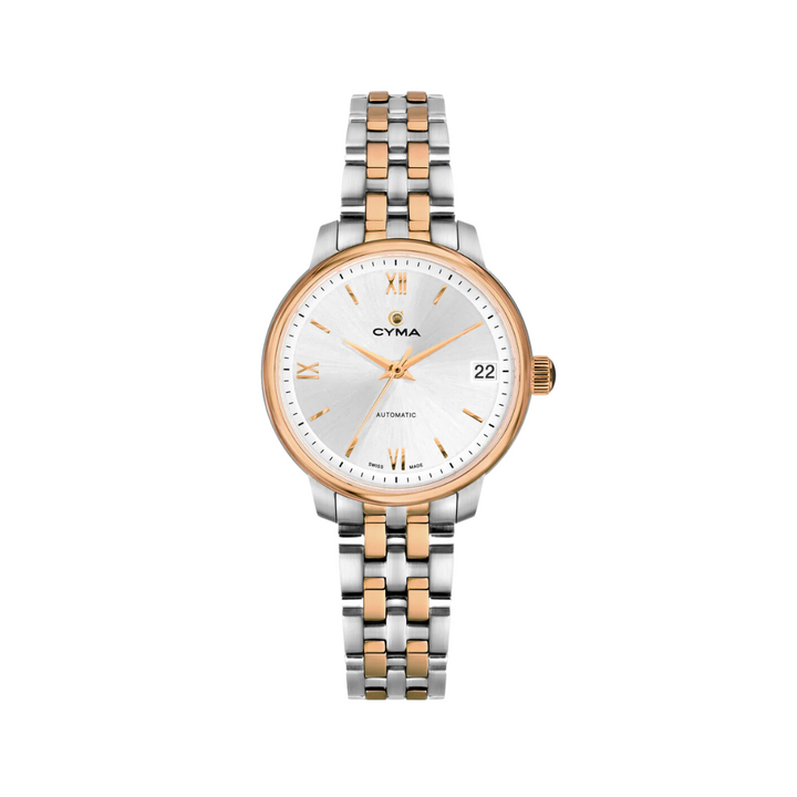 Cyma Europa Collection 30mm Silver white sunray dial Dial Silver / Rose Gold Steel Bracelet
