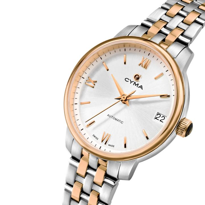 Cyma Europa Collection 30mm Silver white sunray dial Dial Silver / Rose Gold Steel Bracelet