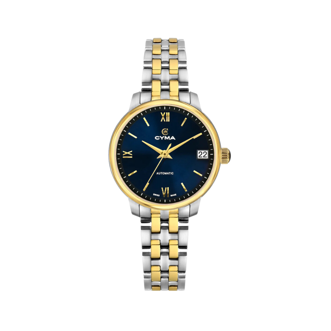 Cyma Europa Collection 30mm Dark blue sunray dial Dial Silver / Gold Steel Bracelet