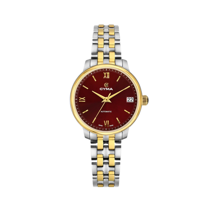 Cyma Europa Collection 30mm Dark red sunray dial Dial Silver / Gold Steel Bracelet