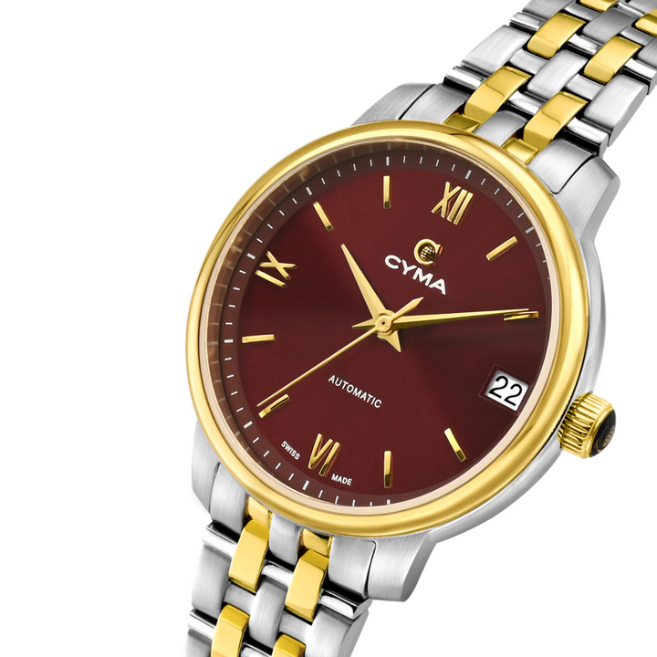 Cyma Europa Collection 30mm Dark red sunray dial Dial Silver / Gold Steel Bracelet