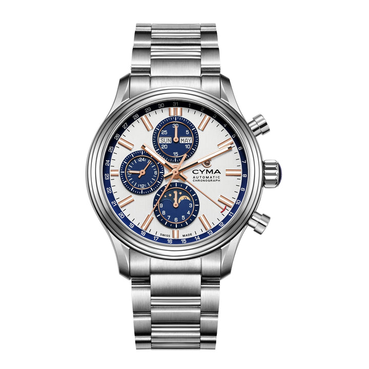 Cyma Grand Maestro The Chess Collection 43.5mm Silver white vertical hairline dial &amp; dark blue color sub-dials Dial Silver Steel Bracelet
