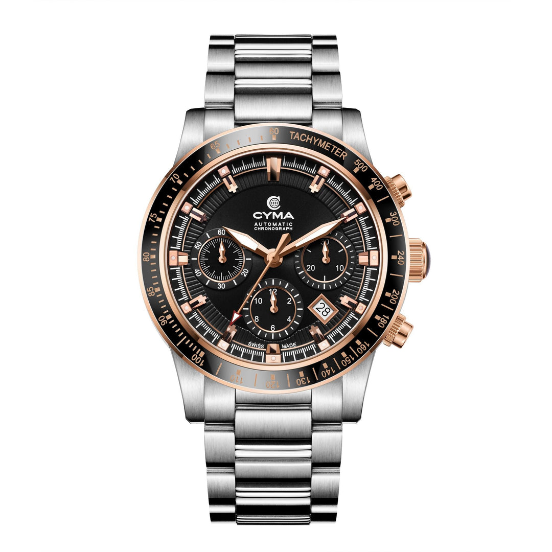 Cyma Grand Maestro Steel Cross Collection 43mm Black Sunray Dial Silver Steel Bracelet